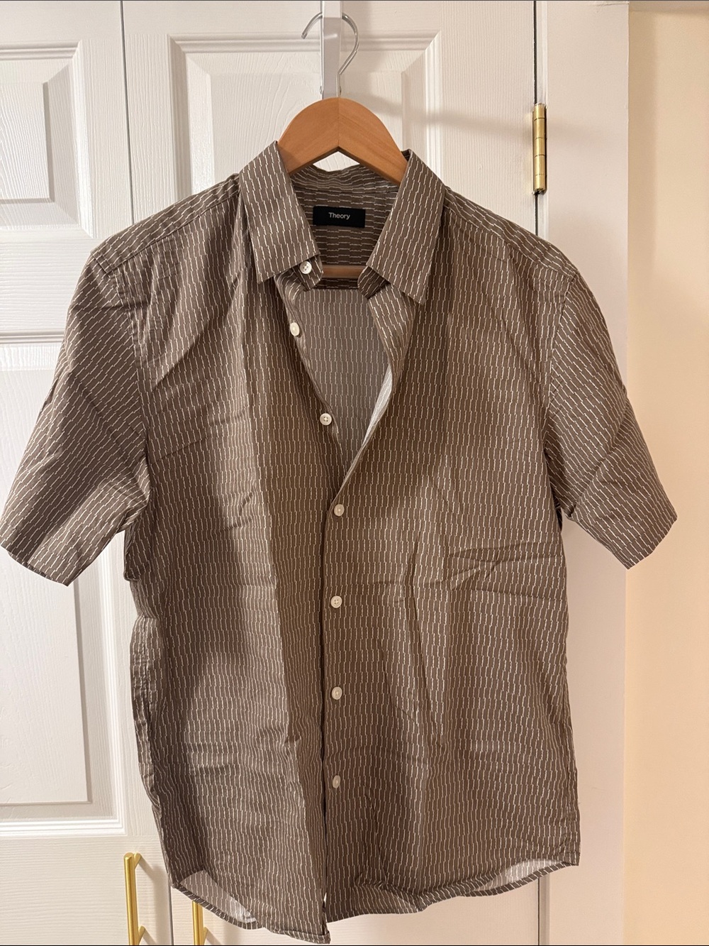 Theory Short-Sleeve Brown Cotton Button-Down Shirt